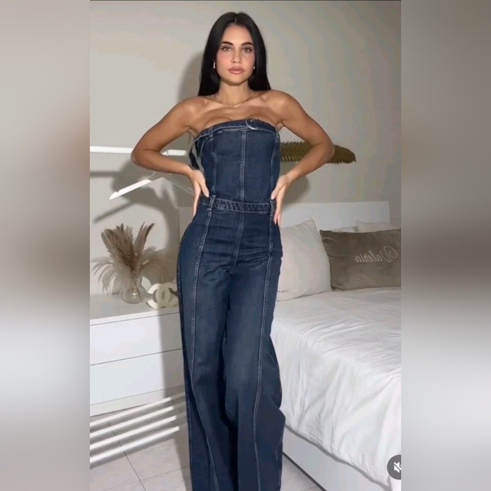 Zara TRF Strapless Dark Wash Denim Jumpsuit